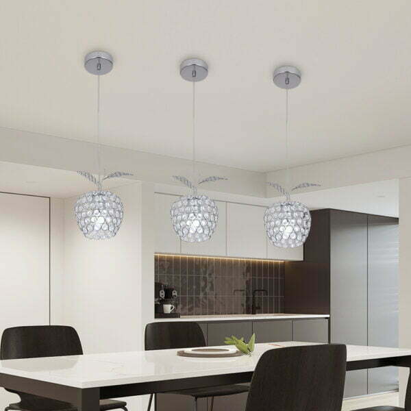 silver crystal chandelier over dining table