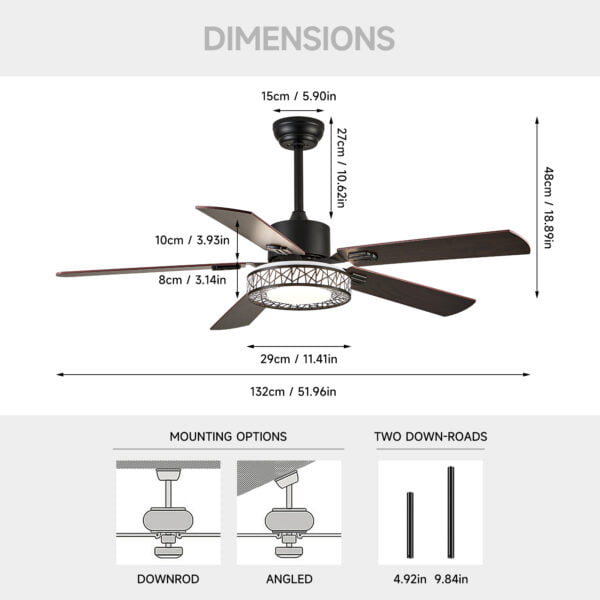 52 inch ceiling fan with light size