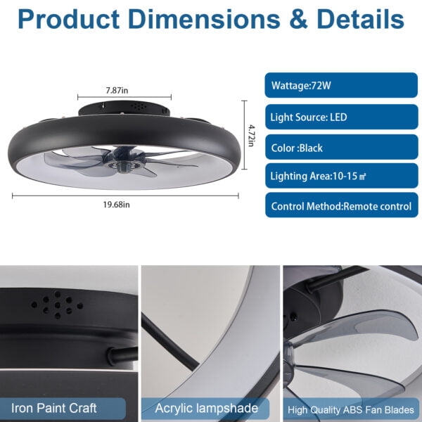 ceiling fan with led light and remote details